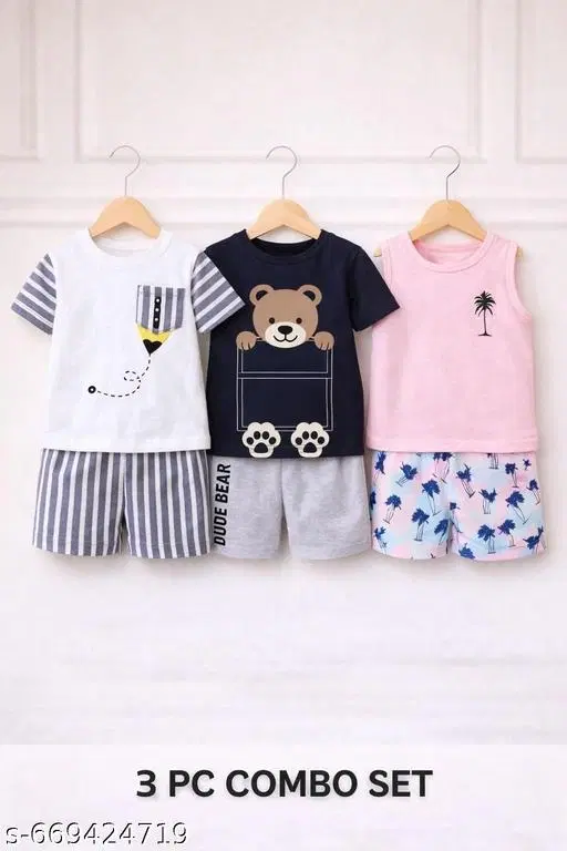 Hosiery Cotton Printed Clothing Set for Kids, Multicolor, Pack of 3 (6-9 Months)