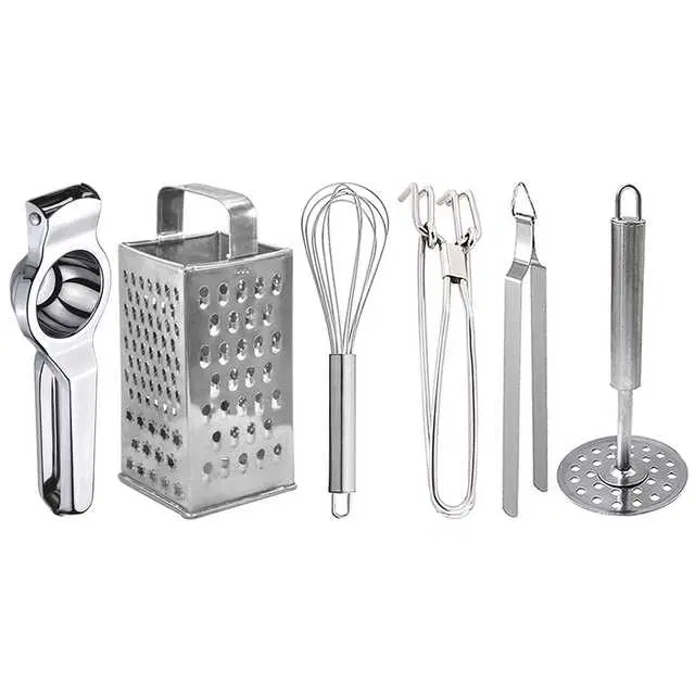 Oc9 Stainless Steel Lemon Squeezer & 4 in 1 Grater Or Slicer & Egg Whisk & Pakkad & Roti Chimta & Potato Masher Kitchen Tool Set, O-160