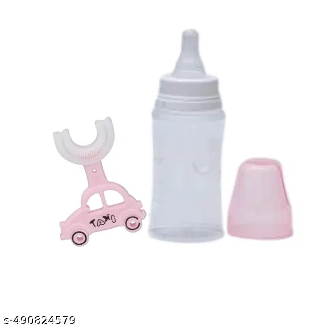 Milk Feeding Bottle, 125 ml with U-Shaped Toothbrush for for Baby, Multicolor, Set of 2