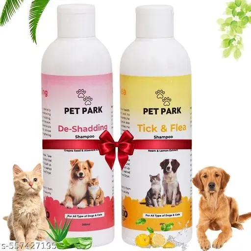 Pet Park (Combo of 2) Anti-Tick & Flea Shampoo (250 Ml) + De-shedding Shampoo (250 Ml) |Enriched With Lavender, Aleovera, Neem, Lemon & Grapes Seed| Anti-Tick & Flea, Anti-Itch, De-Shed Control Shampoo For All Type of Dogs & Cats.