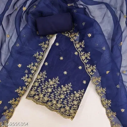 Organza Embroidered Punjabi/All Over Suits for Women (Navy Blue, Un Stitched)