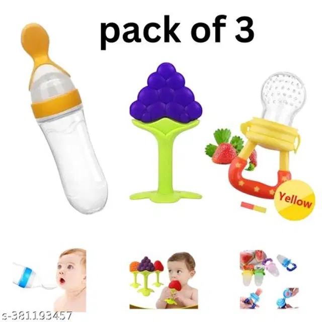 Combo of Silicone Feeder Bottle, Teether & Fruit Nibbler, Multicolor, Set of 3