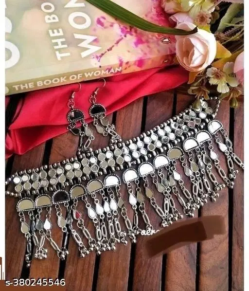 Fashionable Silver Oxidised Mirror Jewellery Set