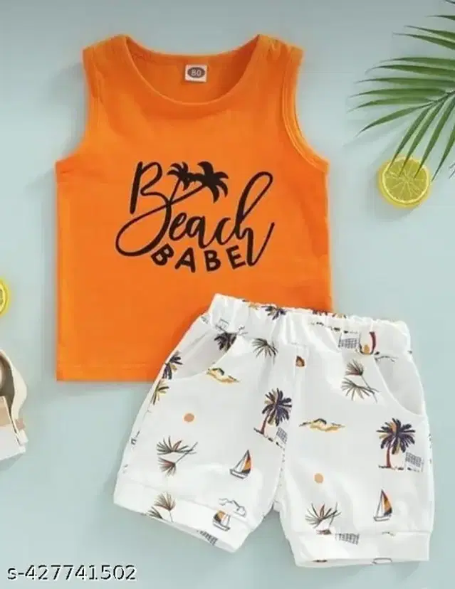 Cotton Printed Clothing Set for Boys (Orange & White, 0-3 Months)