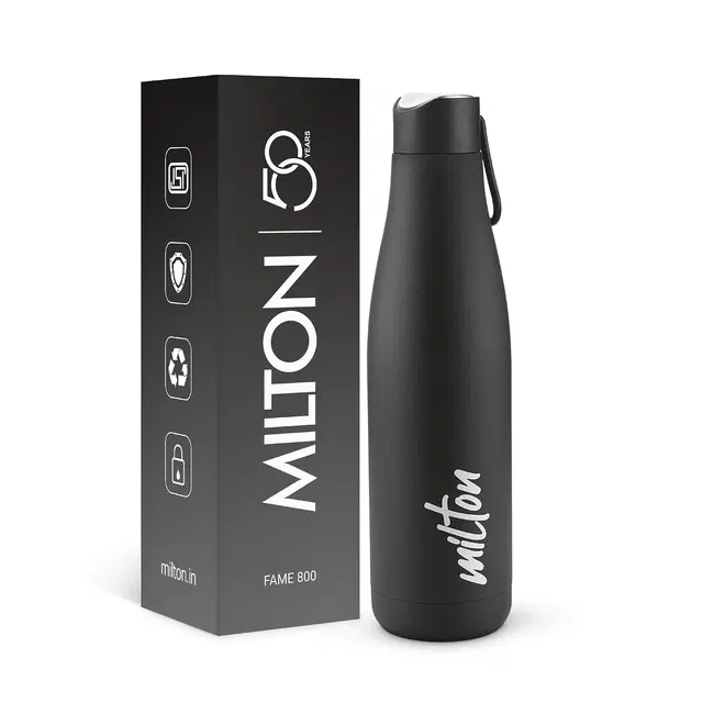 Milton Fame 800 Thermosteel Water Bottle, ISI Certified, 24 Hr Hot and Cold 740 ml Steel Flask (Pack of 1, ) Black