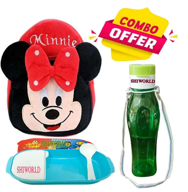 Combo of Fabric School Bag, Water Bottle with Lunch Box for Kids, Multicolor, Set of 3