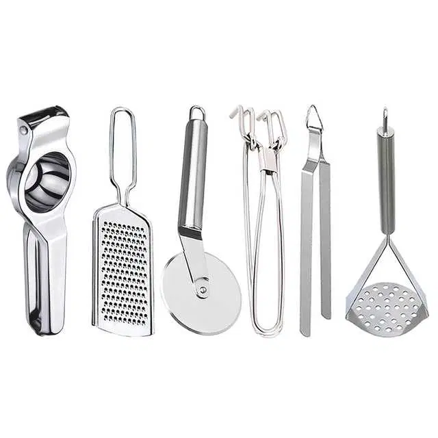 Oc9 Stainless Steel Lemon Squeezer & Cheese Grater & Pizza Cutter & Pakkad & Roti Chimta & Potato Masher Kitchen Tool Set, O-153
