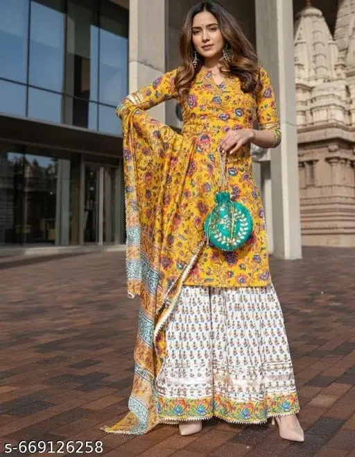 Rayon Printed Straight Kurti with Sharara & Dupatta for Women, Yellow (S)