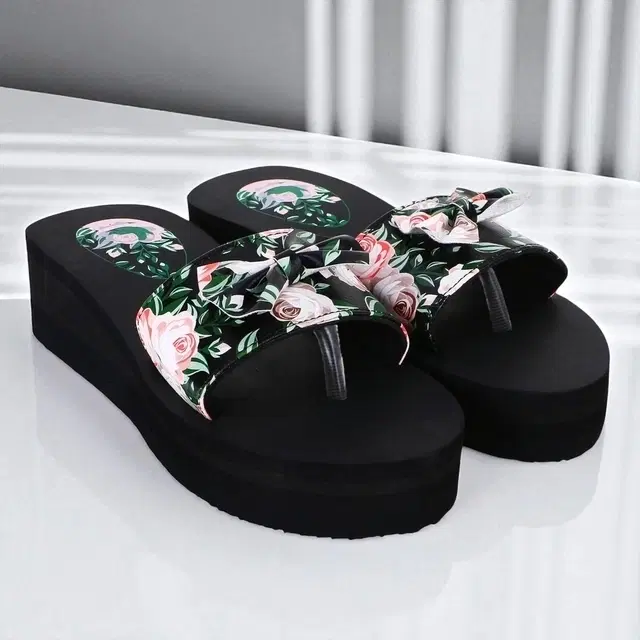 Stylish Slippers for Women with Floral Bow (Black, 6)