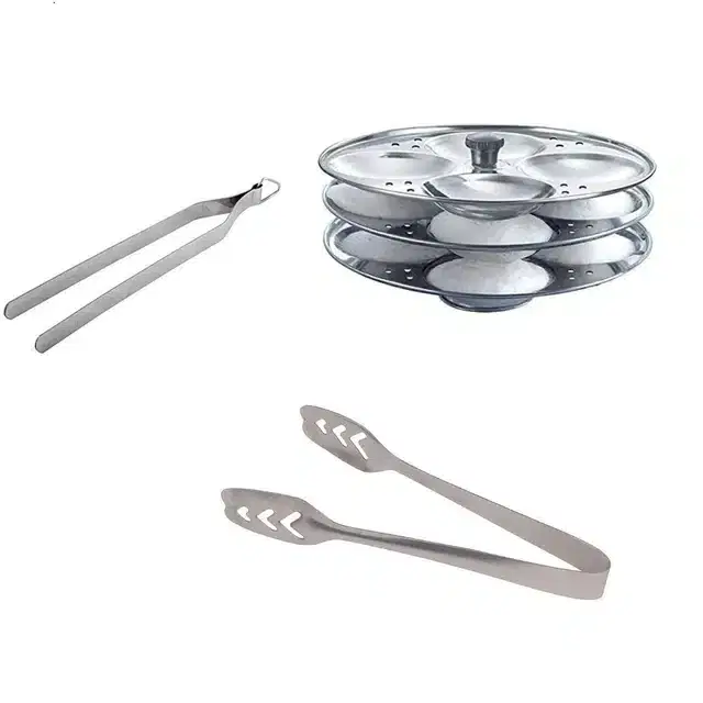 Stainless Steel Momo Pakad, Chimta & Idli Making Stand of 3 Plates, Combo of 3