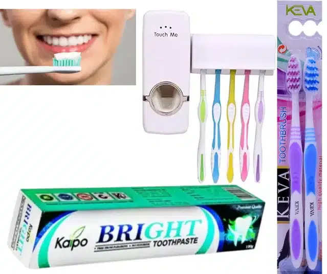 Kaipo Bright Toothpaste, 100 g with 2 Pcs Tooth Brushes, Holder & Automatic Toothpaste  Dispenser, Multicolor, Set of 4