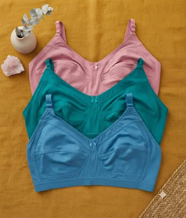Solid Cotton Full Coverage Non-Padded Wirefree T-Shirt Bra for Women, Pack of 3 (Multicolor, 30)