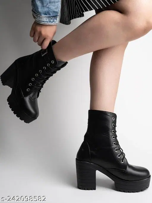 Shoetopia Solid Synthetic Block Heel Boots Black (IND-7)