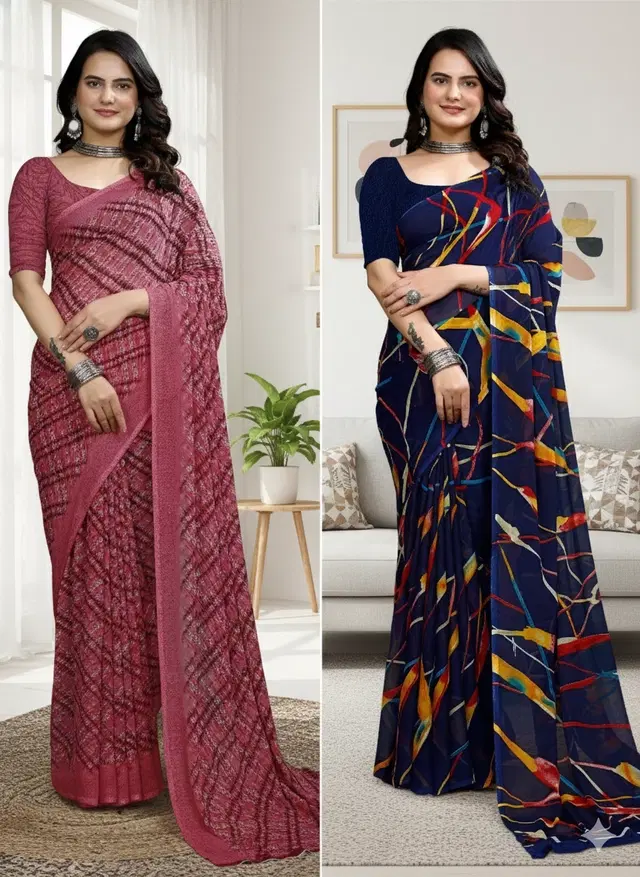Georgette Printed Saree for Women, Multicolor, Pack of 2 (6.3 m)