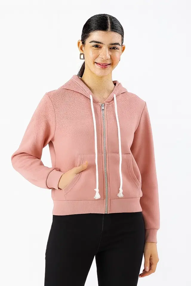 Women's Solid Zipper Long Sleeve Round Neck Hoodie, Light Pink (M)