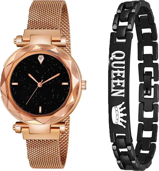 Metal Strap Analog Watch with Bracelet for Women & Girls, Set of 2 (Multicolor)