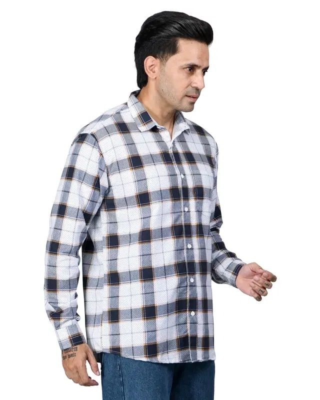Poly Cotton Full Sleeves Chequered Shirt for Men, White (M)