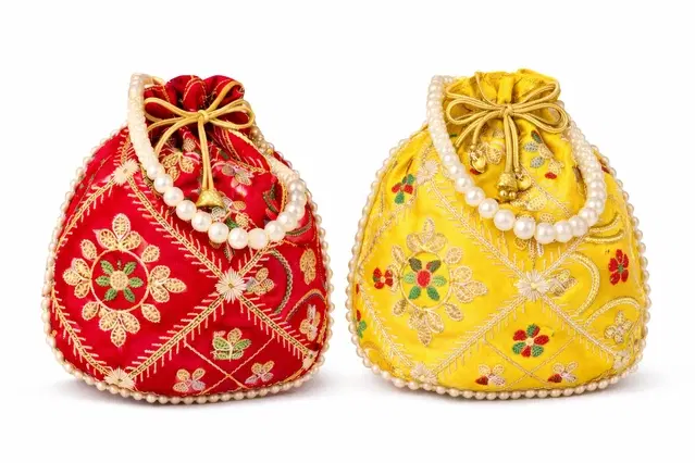 Handcrafted Embroidered Silk Potli Bag, Multicolour, Pack of 2