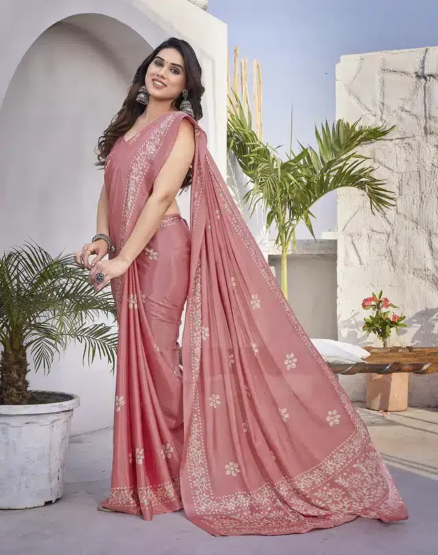 Chiffon Printed Saree for Women (Peach, 6 m)