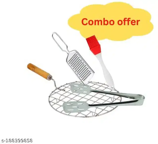 Stainless Steel BBQ Grill with Cheese Grater, Cooking Tong & Oil Brush, Red & Silver, Set of 4