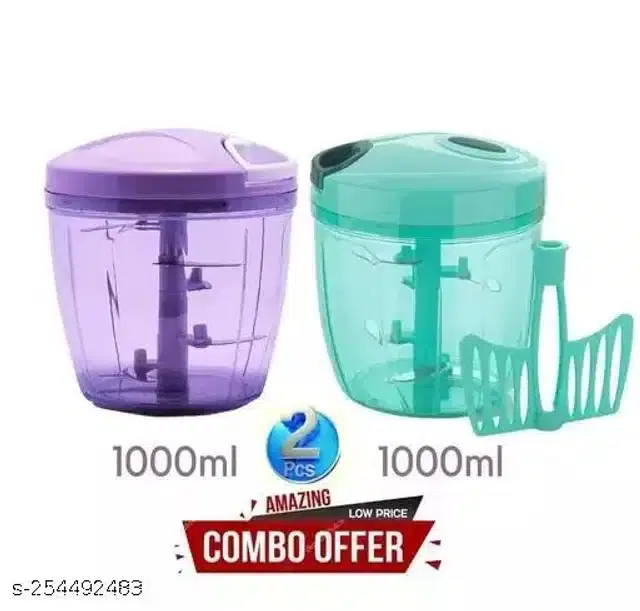 Plastic Manual Chopper, Purple & Sky Blue, 1000 ml, Pack of 2