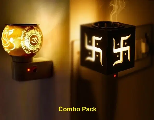 Glass Electric Camphor Diffuser & Ganesh Ji Om Aroma Burner Night Lamp and Wooden swastik Kapoor Dani (Combo Pack)