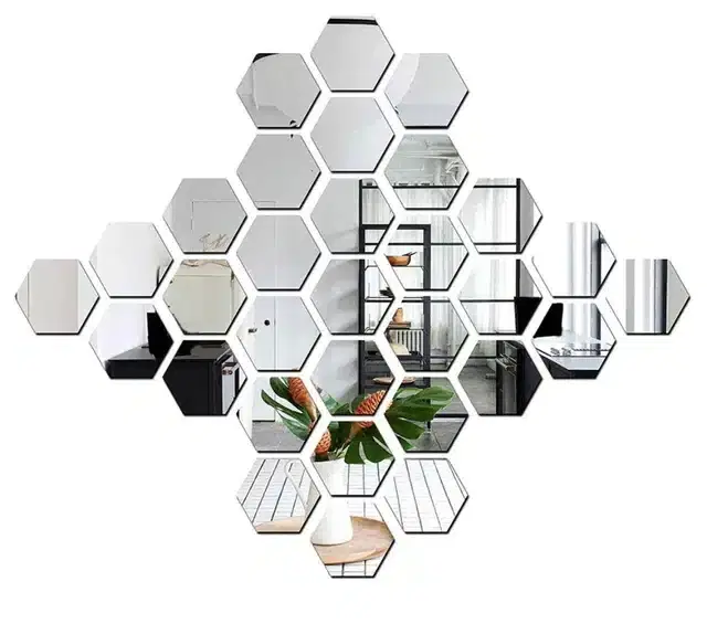 Acrylic Hexagon Shaped Wall Mirror Stickers, Silver, Pack of 31