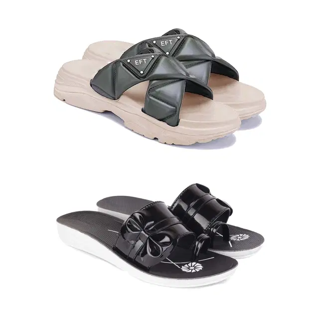 Combo of Sliders & Flats for Women, Set of 2 (Multicolor, 5)