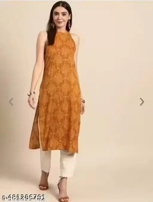 Women Rayon Printed Sleeveless Kurti, Mustard & Yellow (M)
