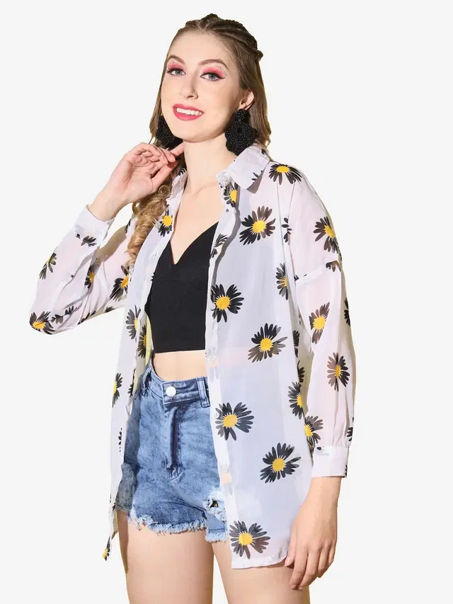 Full Sleeves Printed Shirt for Women (White, XL)