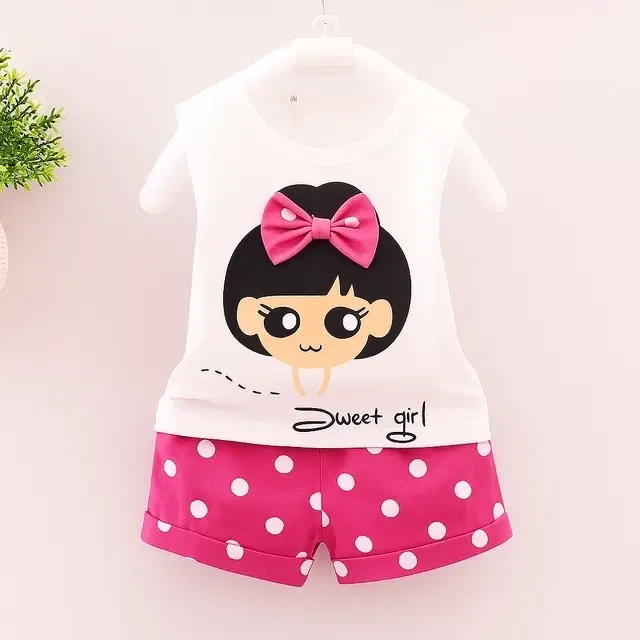 Cotton Blend Printed Clothings Set for Girls, Pink & White (2-3 Years)