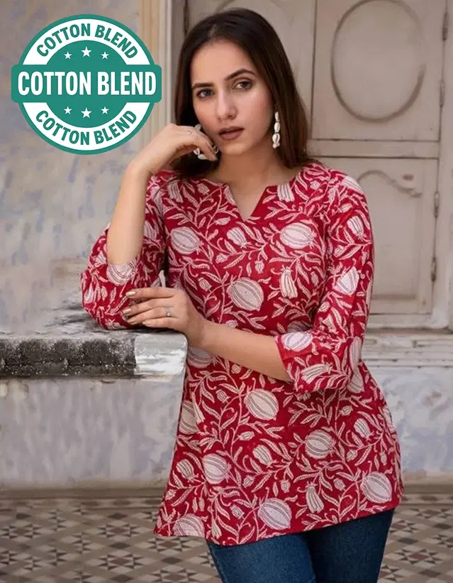 Cotton Blend Floral Print Short Kurti for Women, Red (M)
