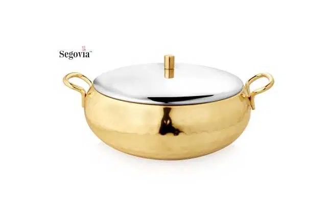 Segovia Aura Hammered Stainless Steel Belly Gold Colored Serving Bowl With Lid, 1500 ml, S-27