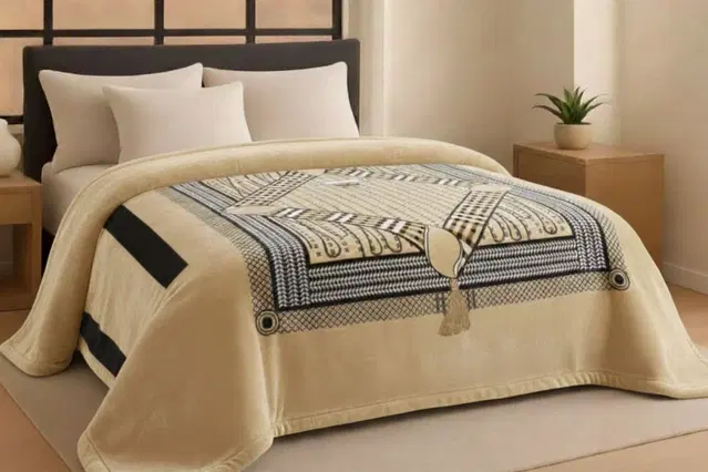 Wool Printed Blanket, Beige (90x80 inch)