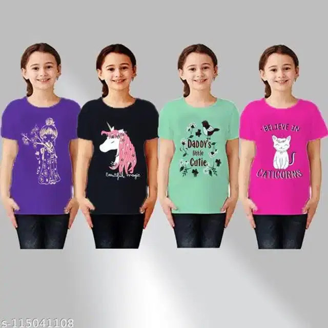 Cotton Half Sleeves T-Shirt for Girls, Pack of 4 (Multicolor, 6-7 Years)