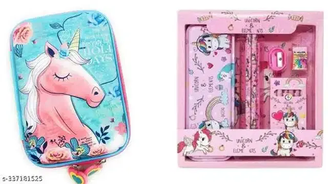 Unicorn Theme Pencil Case with Stationery Kit, Multicolor, Set of 2