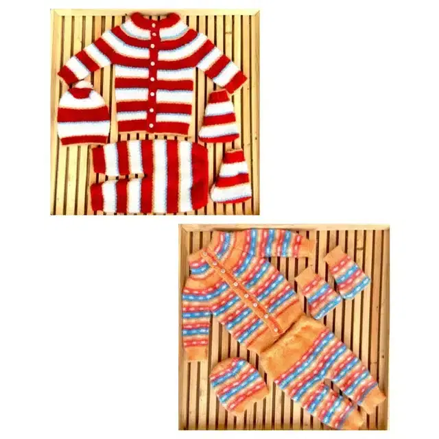 Full Sleeves Sweater with Pant, Cap & Booties, Pack of 2 (Multicolor, 0-6 Month)