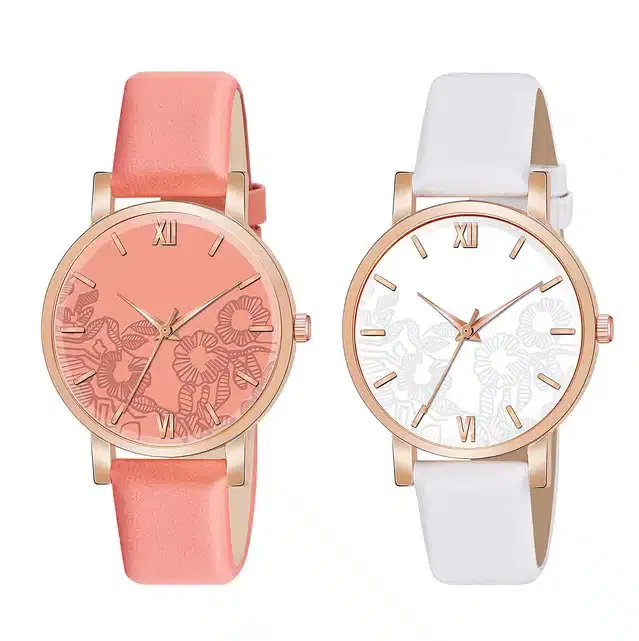 Designer Leather Analog Watch for Women & Girls, Pack of 2 (White & Orange)
