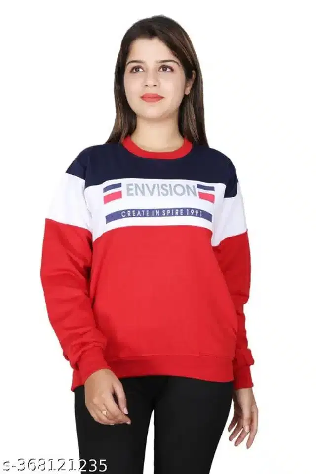 Fleece Round Neck Sweatshirt for Women (Red & White, M)