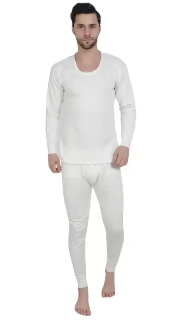 Cotton Blend Solid Thermal Set for Men (White, S)