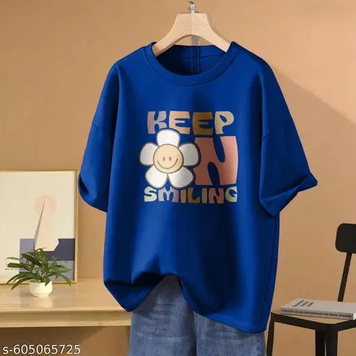 Cotton Blend Printed T-shirt for Women, Blue (XXS)