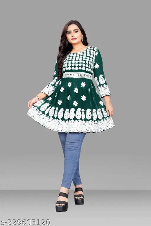Georgette Chikankari Top for Women (Bottle Green, XL)