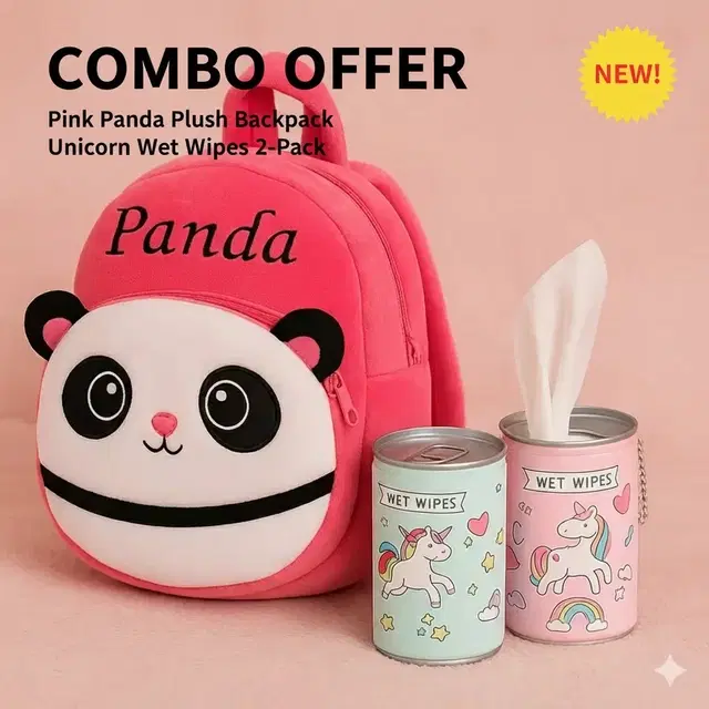 Pink Panda Velvet School Bag and Mini Portable Wet Wipes Tissue 2 Can for Cleaning Face Body (Set of 3) Multicolor