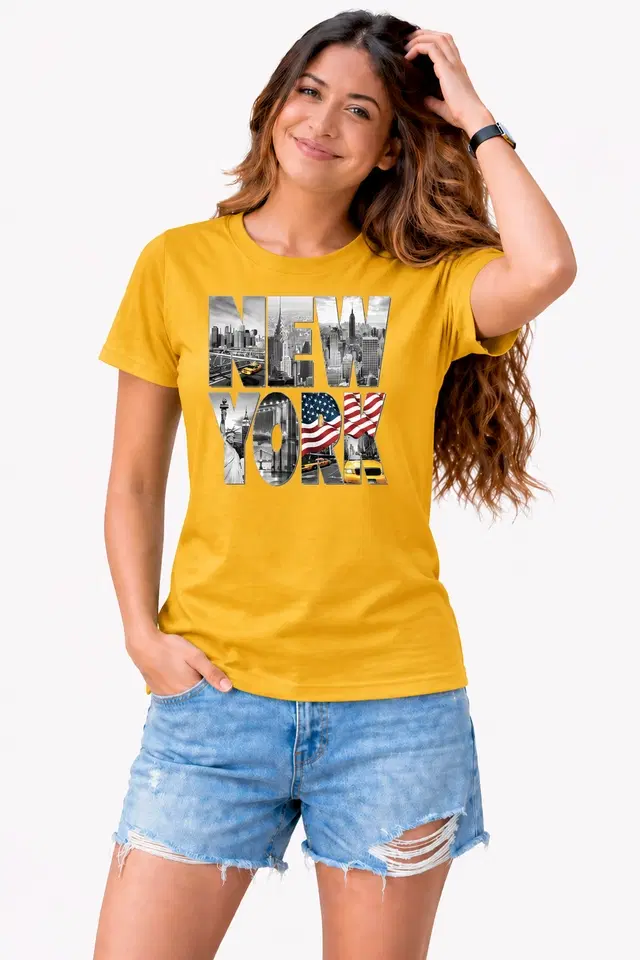 Cotton Blend Tshirts for Women (Mustard, S)