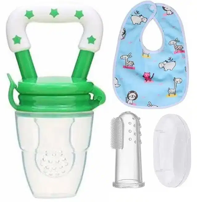Silicone Fruit Feeder with Finger Brush & Bib for Kids, Multicolor, Set of 3