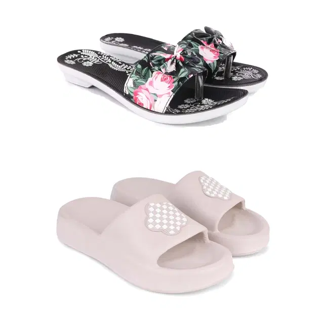 Combo of Sliders & Flats for Women, Set of 2 (Multicolor, 7)