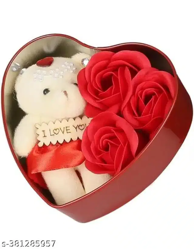 Plastic Heart Shape Gift Box Teddy Bear & Roses, White & Red
