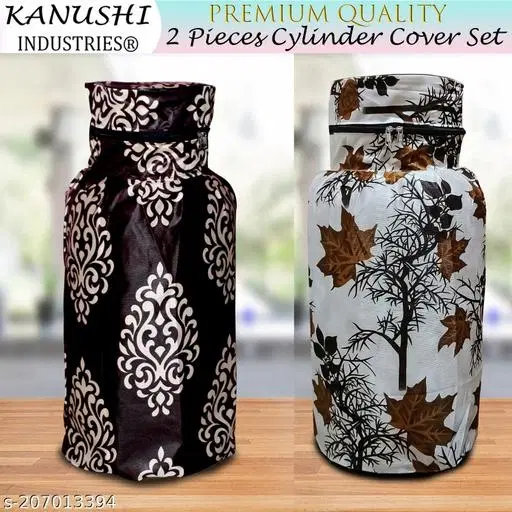 KANUSHI Industries® Designer LPG Gas Cylinder Cover Set of 2Pc (2PCS+CYL-Brown-Floral+Brown-SHUB)