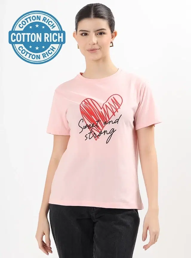 Round Neck Printed T-Shirt for Women, Pink (S)
