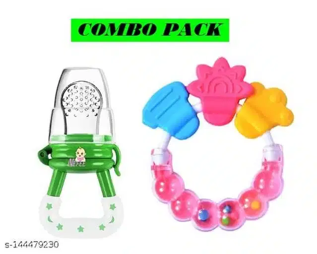 Silicone Nibbler with Rattle Toy for Infants, Multicolor, Set of 2